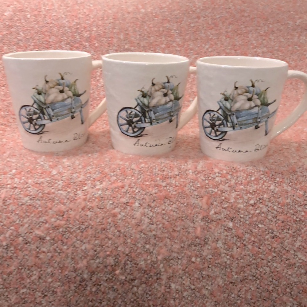 Pier 1 Autumn Bliss Set of 3 Mugs.  Autumn Fall Pumpkin Gourds